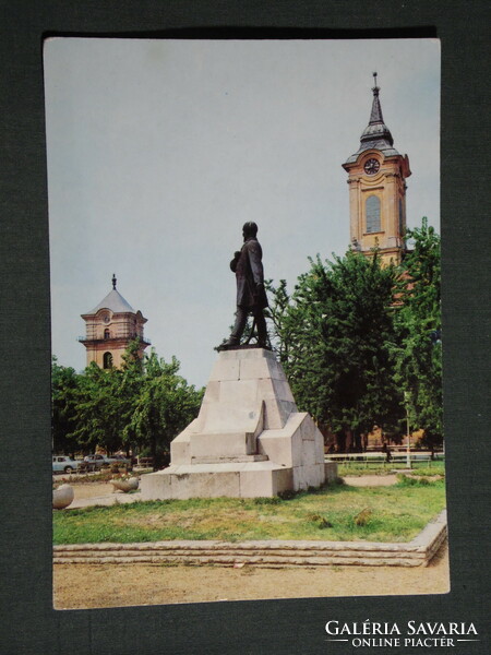 Postcard, Békéscsaba, Kossuth square, statue, park detail, church skyline