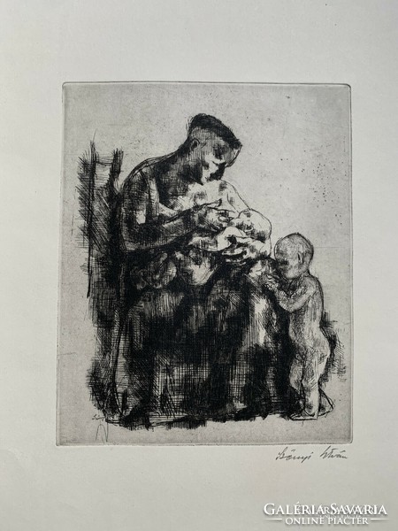 István Szőnyi (1894-1960) etching Mother with her children /20.5x16.5 cm/