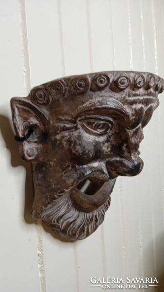 Vintage, Greek, theatrical, wall, ceramic mask depicting a faun. Indicated