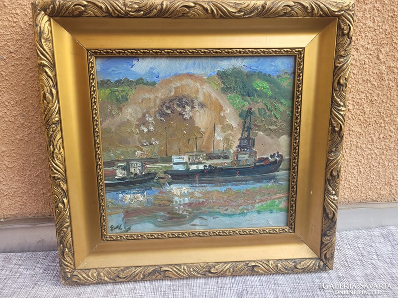 Mihály Erdélyi (1884 - 1972): quarry with ships oil on canvas painting with gallery certificate