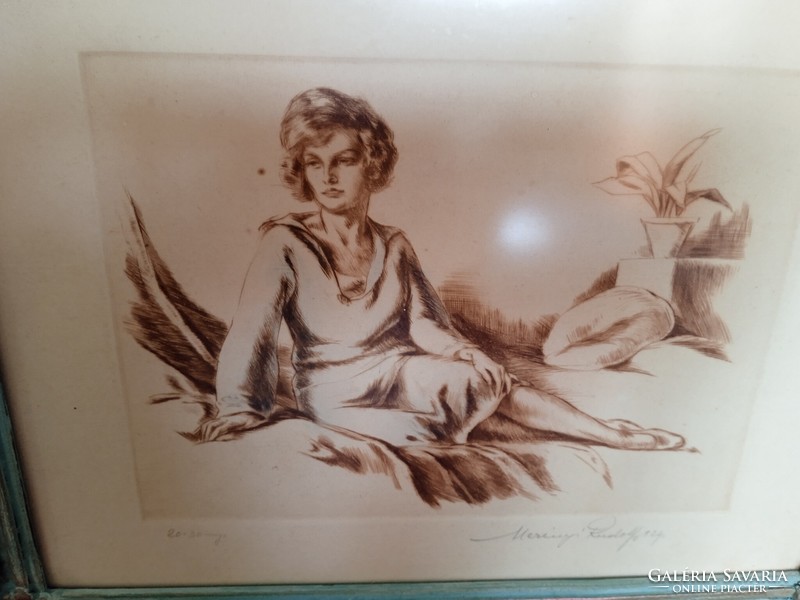 Merényi Rudolf Nő pamlagon színes rézkarc türkiz blondel keretben