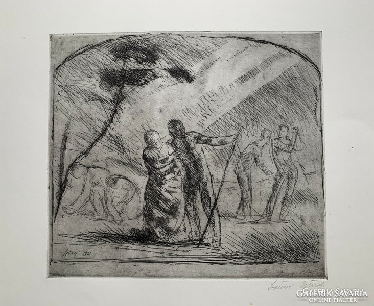 Szőnyi István (1894-1960) Jelenet című rézkarca /24,5x27 cm/