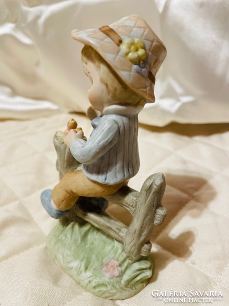 Vintage lefton taiwanese porcelain figurine boy with bird drawers