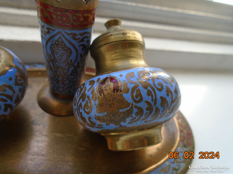 Oriental royal blue fire enamel spice set with iron red Buddha patterns