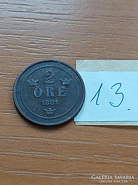 SVÉDORSZÁG 2 ÖRE 1881  BRONZ, II. Oszkár 13.