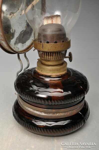 Petróleum lámpa, falilámpa, parasztlámpa,  barna üveg tartályos - működik.