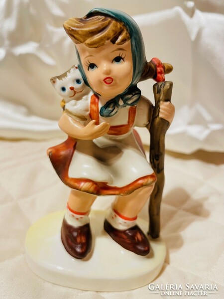 Vintage Lefton Taiwan-i porcelán figura-Alpesi túrázó kislány cicával