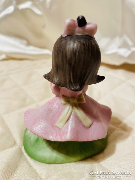 Vintage lefton taiwanese porcelain figurine girl in pink dress with basket of apples