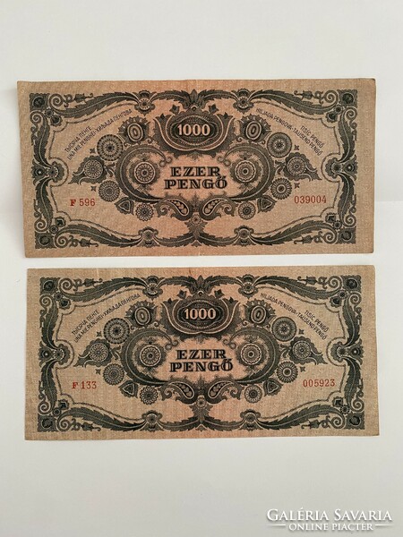 Ezer pengő 1000 pengő 1945 (2 db) Ropogós ritkaság! Dézsmabélyeg, alacsony sorszám, nyomdahibás!