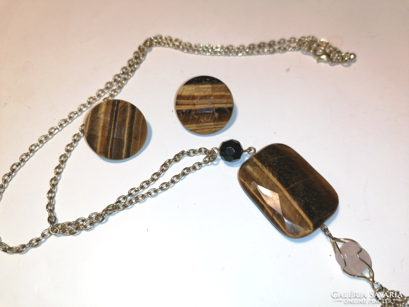 Tiger eye pendant with earrings, clip (831)