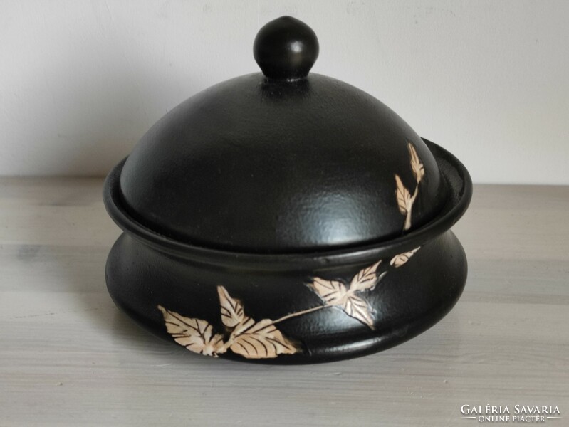 Ike marked coffee brown leaf pattern ceramic holder with lid