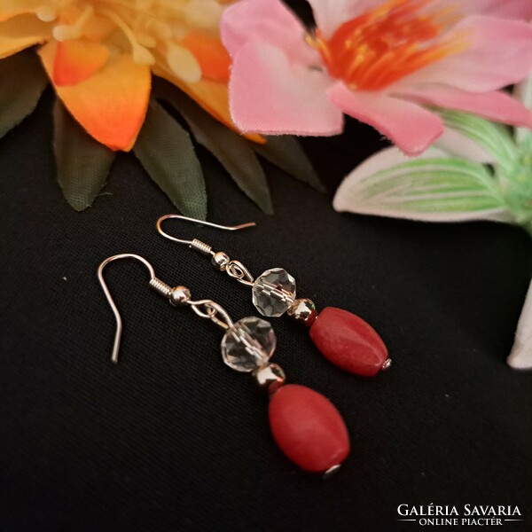 Coral and crystal earrings 4 cm