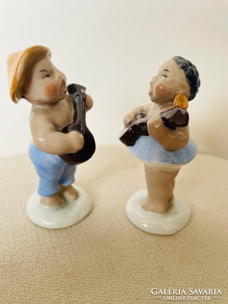 Ritkaság! Aquincum porcelán kreol fiú és lány bendzsóval párban