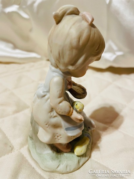 Vintage Lefton Taiwan-i porcelán figura-Kislány csirkékkel