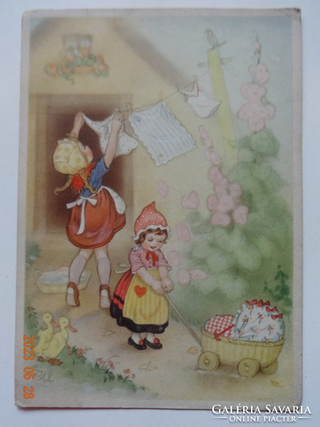 Old graphic greeting card with fairy tale scene - Charlotte Baron drawing (1944)