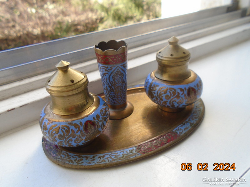 Oriental royal blue fire enamel spice set with iron red Buddha patterns