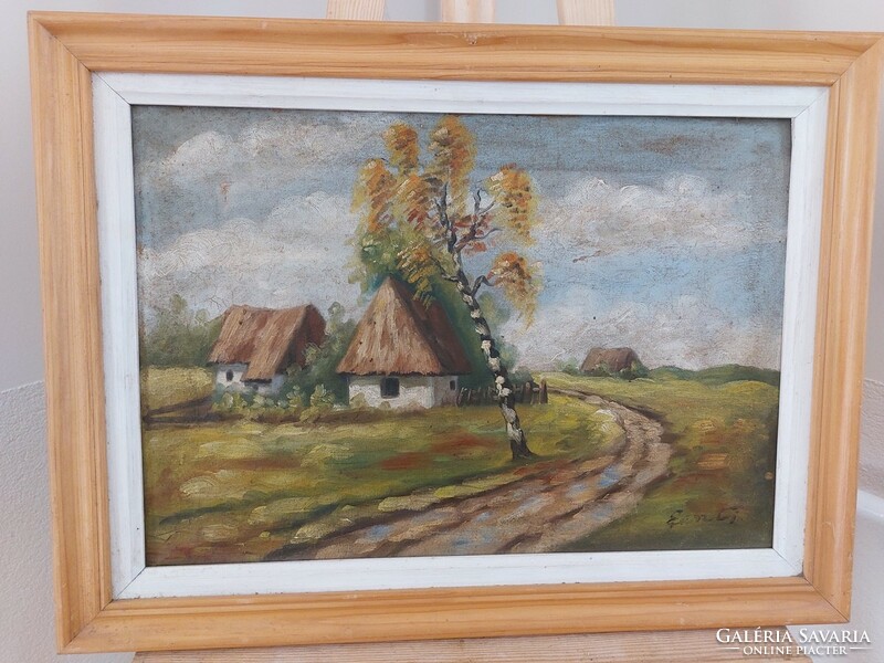 (K) Szép szignózott tanya, falurészlet festmény 60x45 cm kerettel