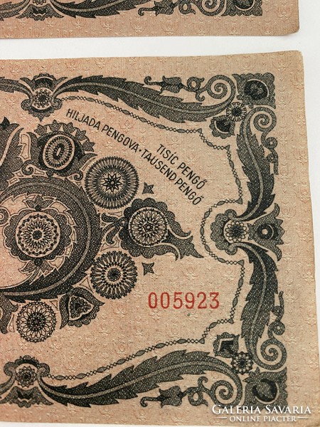 Ezer pengő 1000 pengő 1945 (2 db) Ropogós ritkaság! Dézsmabélyeg, alacsony sorszám, nyomdahibás!