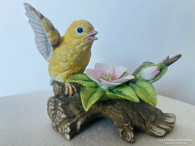 Vintage lefton hand painted Taiwanese porcelain figurine on a canary blossom tree branch