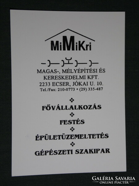 Kártyanaptár, Mimikri magas mélyépítés építőipari kereskedelmi Kft., Ecser, 1996, (6)