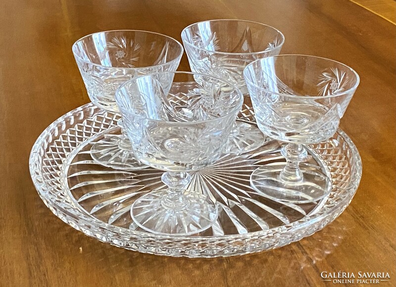 4 pcs cut crystal martini glass with base and cast round tray