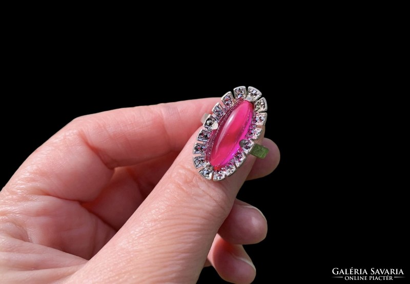 Hungarian silver ring with marcasite and pink stone