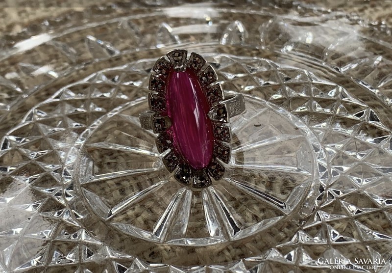 Hungarian silver ring with marcasite and pink stone