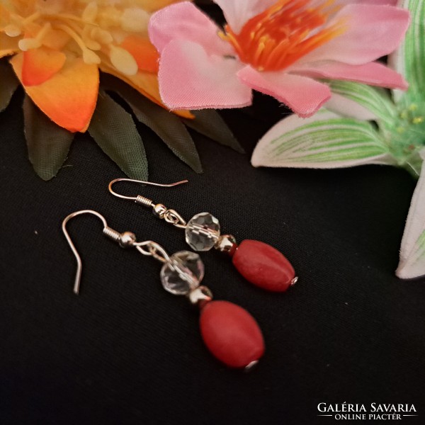 Coral and crystal earrings 4 cm