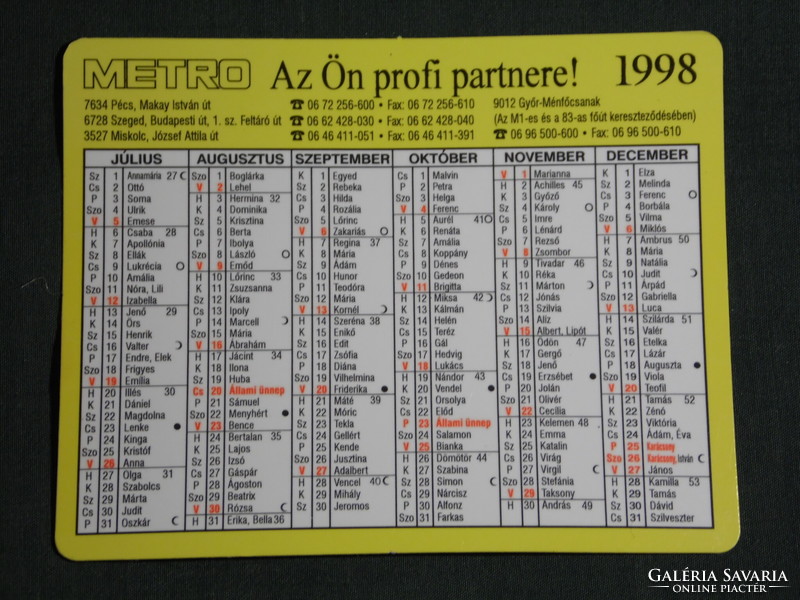 Card calendar, metro stores, name day, 1998, (6)