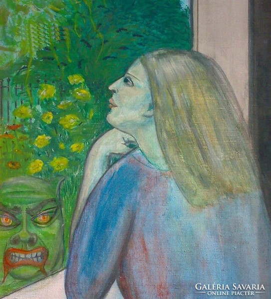 Modern expressionist painting. Sara godthart: woman looking out the window