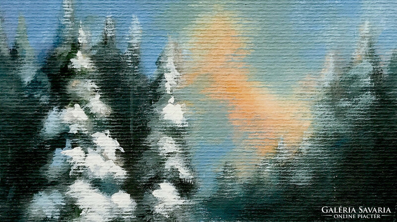 December walk in the pine forest - acrylic painting - 17 x 25 cm