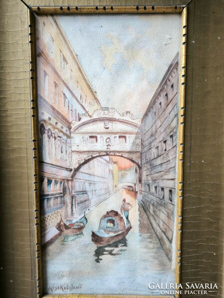 Venice watercolor painting, landscape with a gondola, Jenő Koskol. Video too!