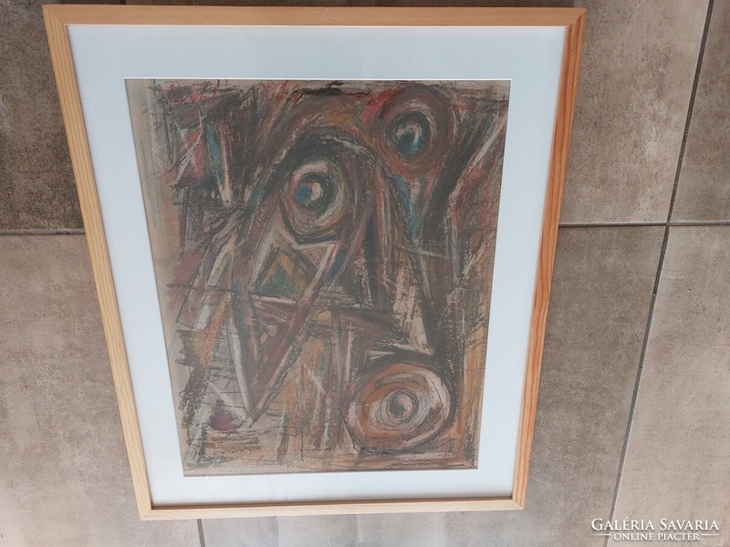 (K) Szép szignózott absztrakt festmény 53x64 cm kerettel