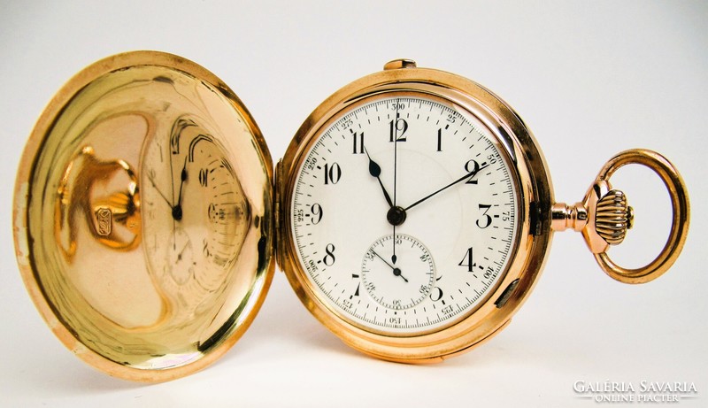 Rarity, antique, Lemania pocket watch with quarter strike - stopwatch - minute strike 14k gold
