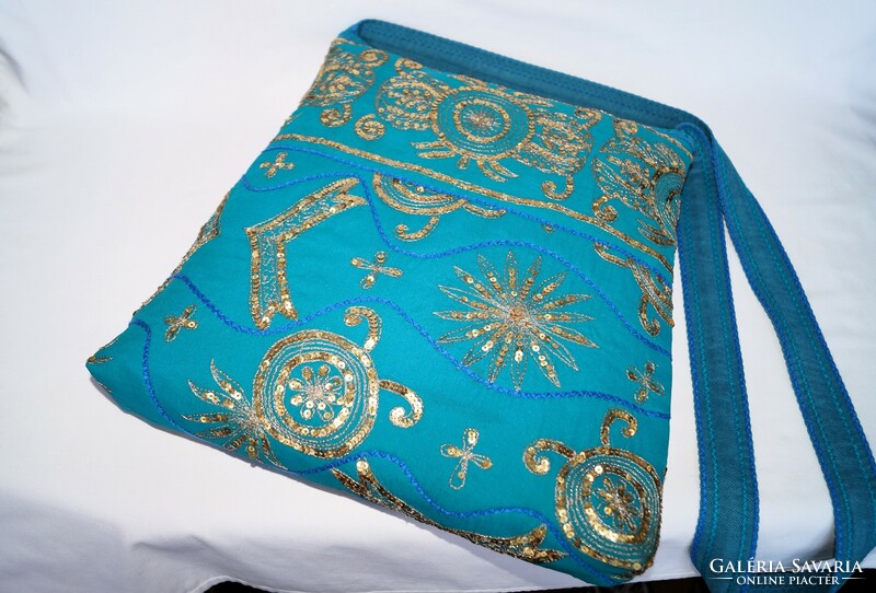 Turquoise Gold Floral Indian Sari Hand Embroidered Medium Sequin Shoulder Bag for Women