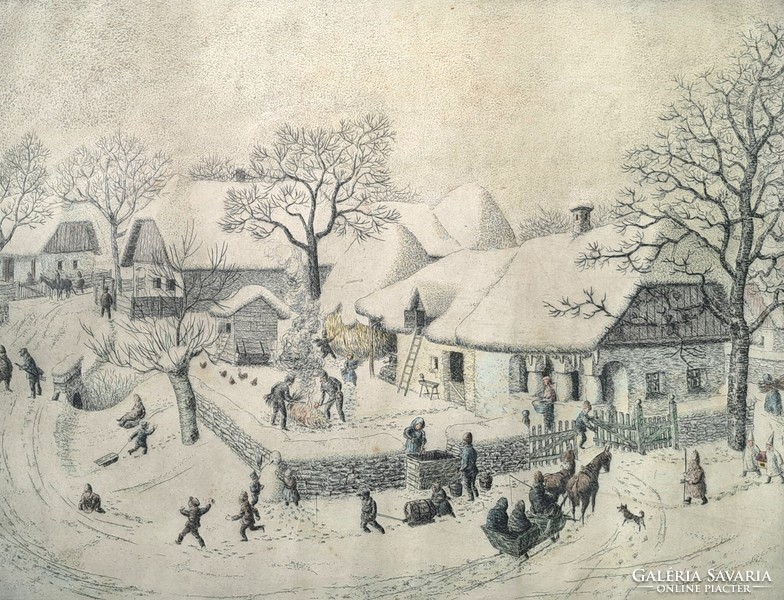 Winter still life (colored etching) signed, 1954 - still life (village in winter)