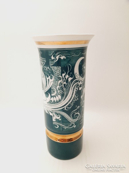 Zöld Szász Endre Hollóházi porcelán váza 19,8 cm