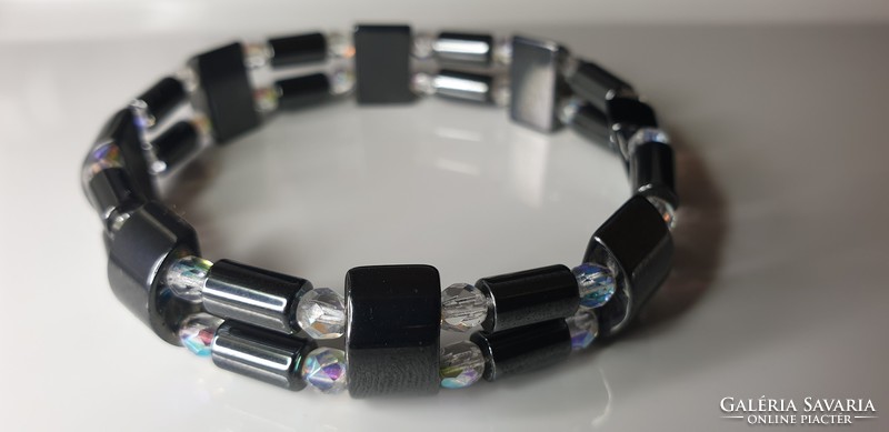 Magnetite and hematite bracelet with iridescent polished glass beads.