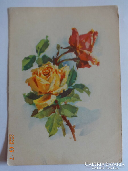 Régi grafikus virágos üdvözlő képeslap, két szál rózsa