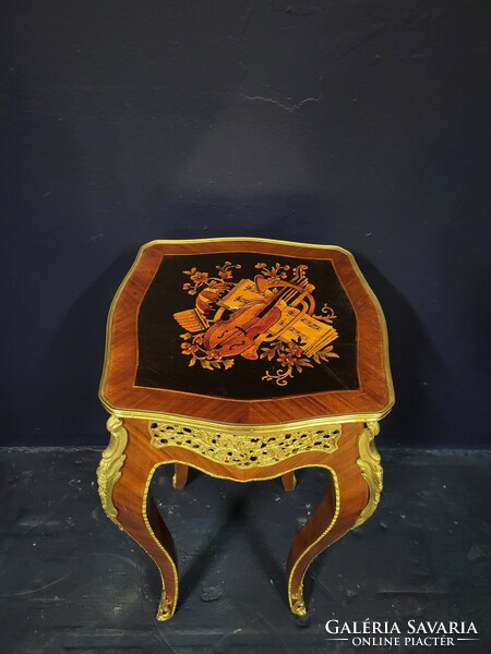 Inlaid coffee table, representation of a musical instrument