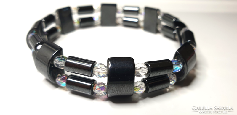 Magnetite and hematite bracelet with iridescent polished glass beads.