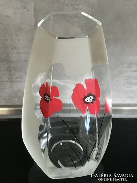 Hatszögletű üvegváza kézzel festett pipacs mintàval, 30 cm magas