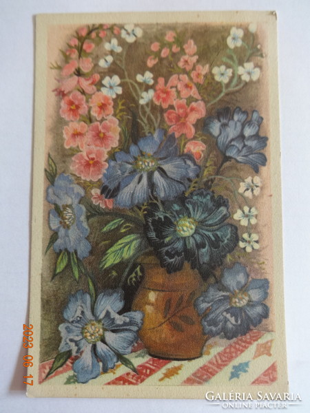 Old graphic floral greeting card, Józsefné Domján's drawing - post office