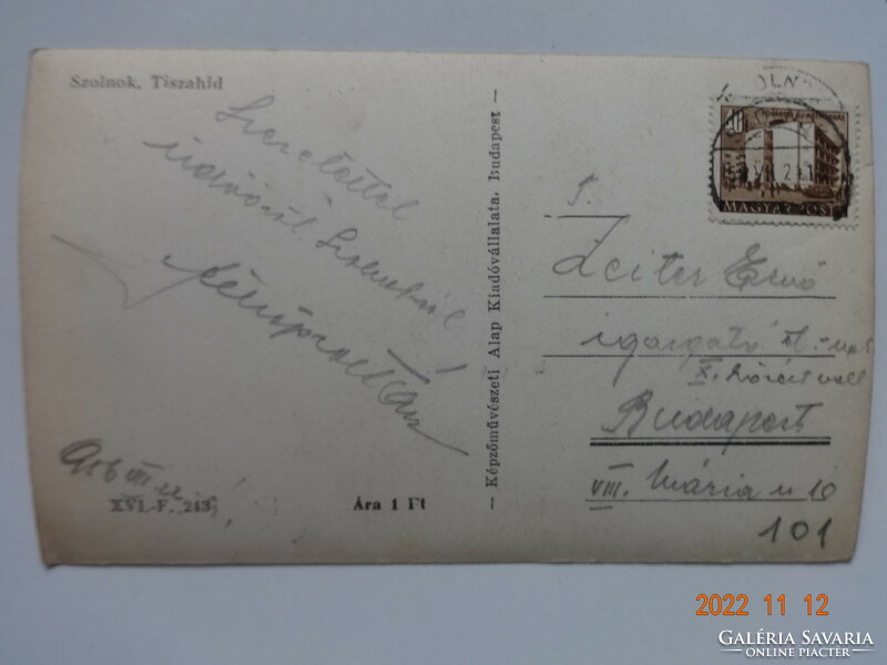 Régi képeslap: Szolnok, Tiszahíd, 1956