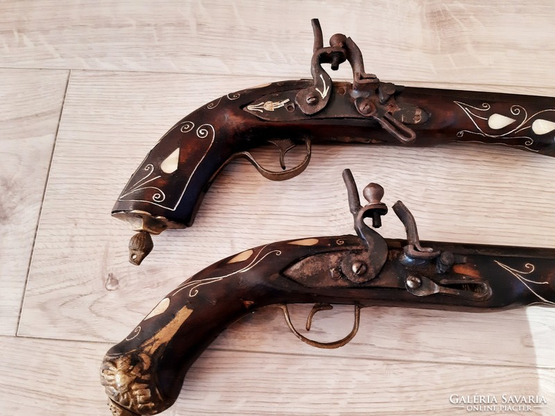 Pair of old mother-of-pearl inlaid flint pistols, copy, wall decoration