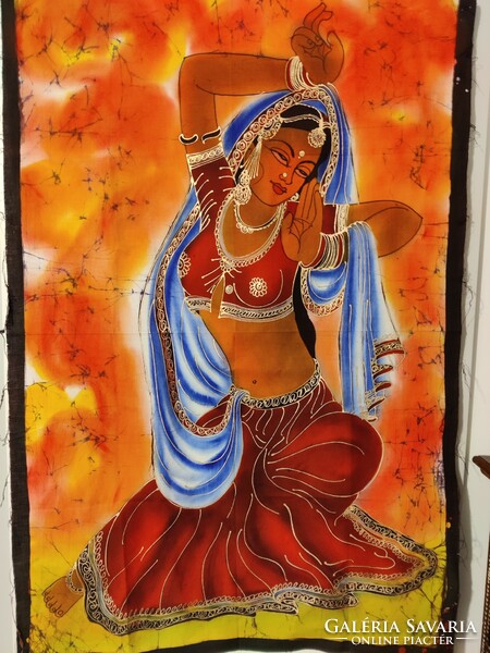 Hindu nő, indiai vászonra festett batik falikép Indiából