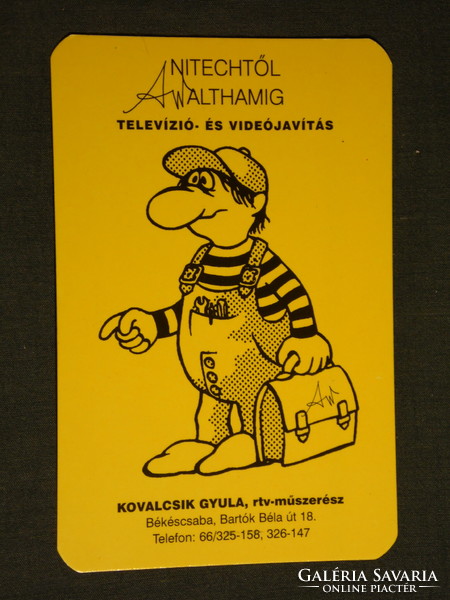 Kártyanaptár, Kovalcsik Gyula rtv műszerész,Békéscsaba, grafikai rajzos,reklám figura,,1999, (6)