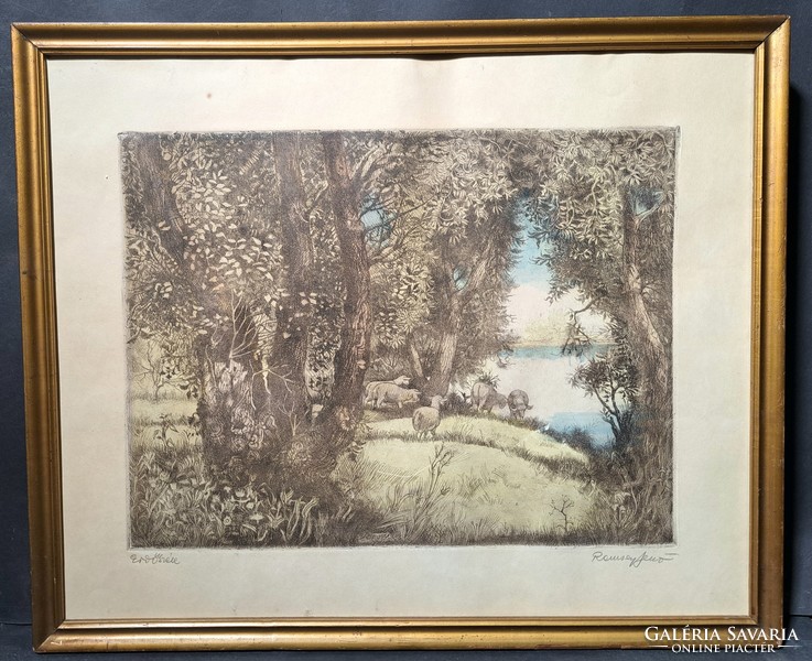 Jenő Remsey: forest edge (colored etching) landscape with lambs, animal picture