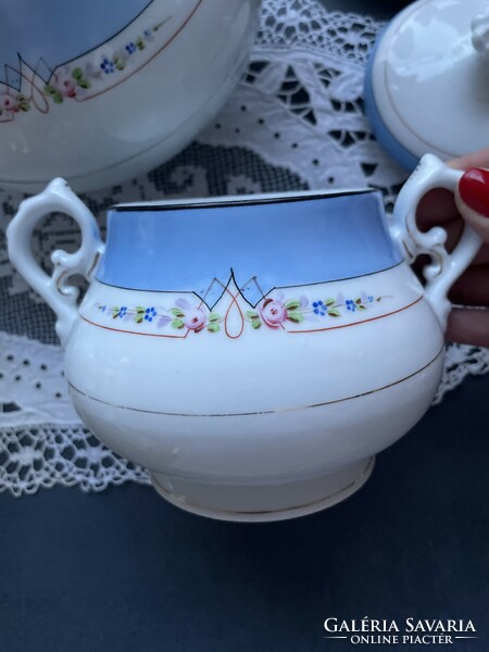 Antique Viennese pink hand-painted, large fine porcelain Bieder sugar bowl