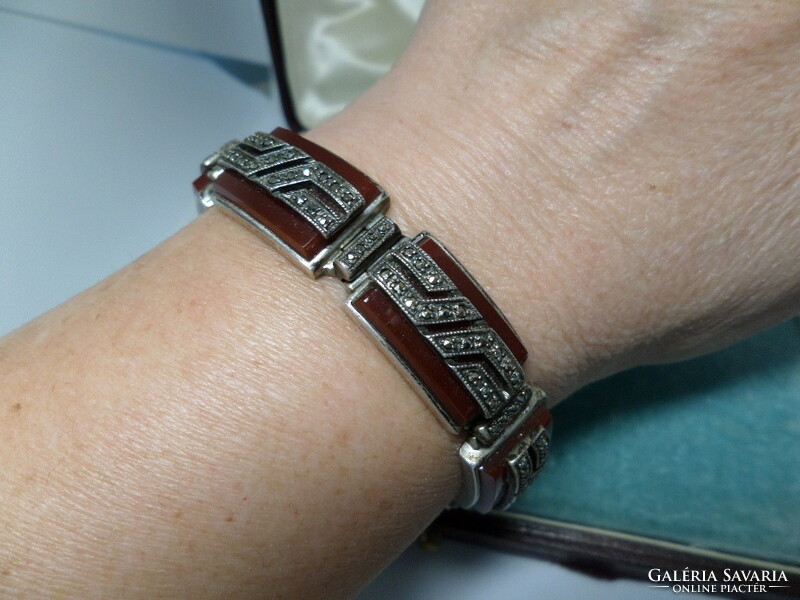 Silver bracelet / bracelet with brown agate and marcasite